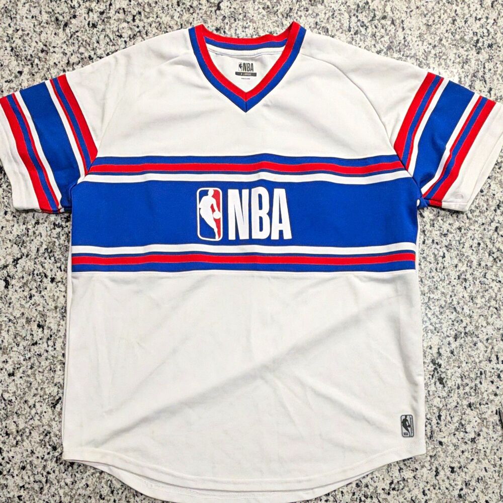 Vintage UNK NBA Logo Warm Up Jersey Shooting Shirt White Red Blue V-Neck XL